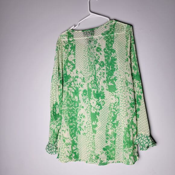 Susan Graver Green and Cream Floral Blouse XL Pullover Artsy Cottagecore Flowy - Picture 5 of 11